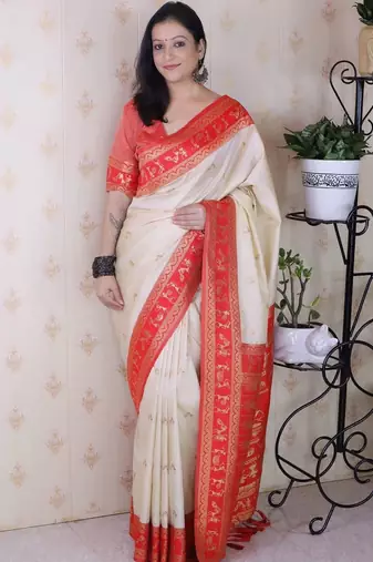 Off white ethnic motifs zari silk blend banarasi saree