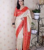 Off white ethnic motifs zari silk blend banarasi saree