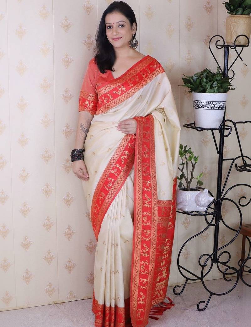 Off white ethnic motifs zari silk blend banarasi saree