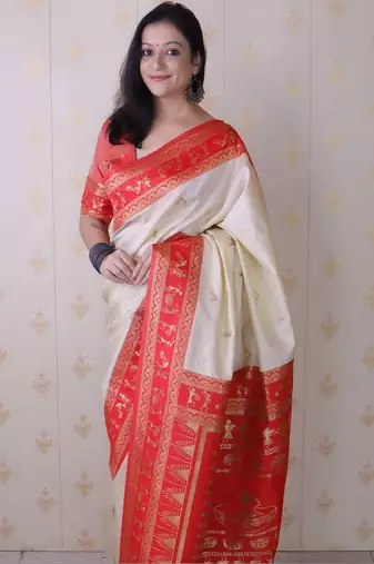 Off white ethnic motifs zari silk blend banarasi saree