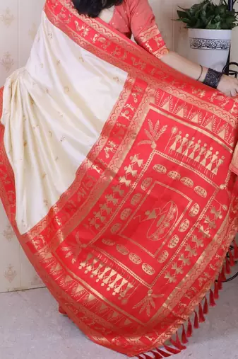 Off white ethnic motifs zari silk blend banarasi saree