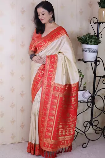 Off white ethnic motifs zari silk blend banarasi saree