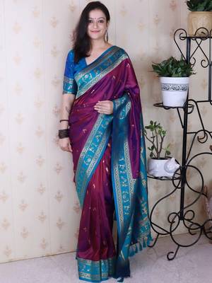 Purple ethnic motifs zari silk blend banarasi saree 1