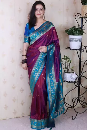 Purple ethnic motifs zari silk blend banarasi saree