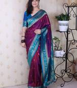 Purple ethnic motifs zari silk blend banarasi saree