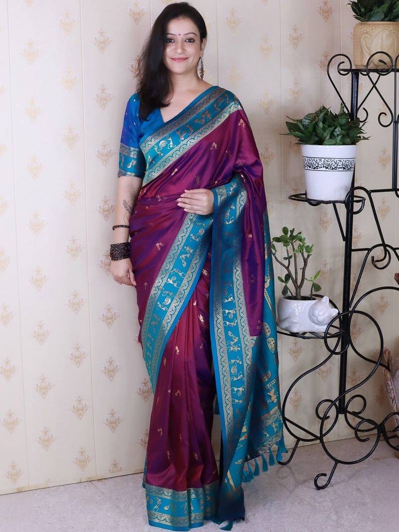 Purple ethnic motifs zari silk blend banarasi saree