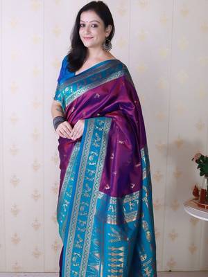 Purple ethnic motifs zari silk blend banarasi saree 2