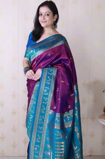 Purple ethnic motifs zari silk blend banarasi saree