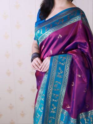 Purple ethnic motifs zari silk blend banarasi saree 4