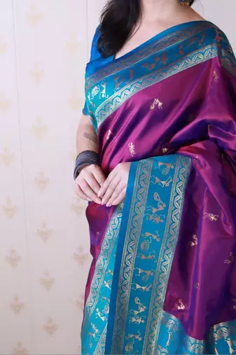 Purple ethnic motifs zari silk blend banarasi saree