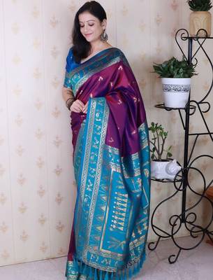 Purple ethnic motifs zari silk blend banarasi saree 5