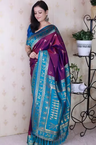 Purple ethnic motifs zari silk blend banarasi saree