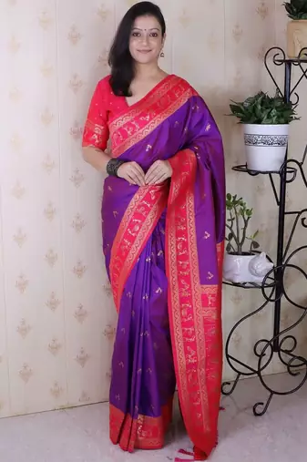 Purple warli zari silk blend banarasi saree