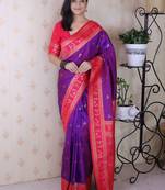 Purple warli zari silk blend banarasi saree