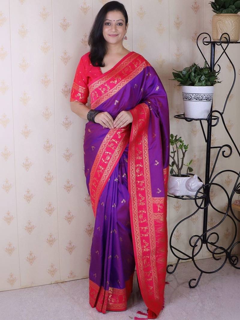 Purple warli zari silk blend banarasi saree