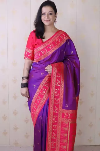 Purple warli zari silk blend banarasi saree