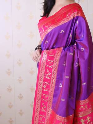 Purple warli zari silk blend banarasi saree 4