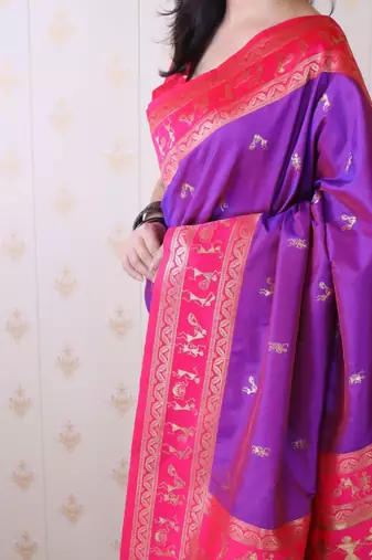 Purple warli zari silk blend banarasi saree