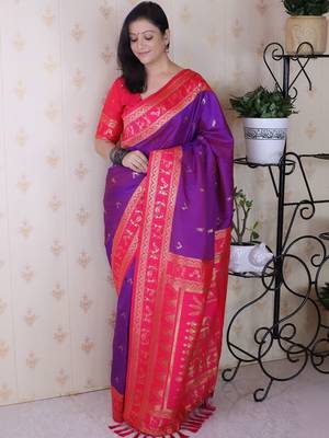 Purple warli zari silk blend banarasi saree 5