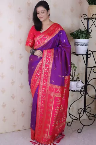 Purple warli zari silk blend banarasi saree
