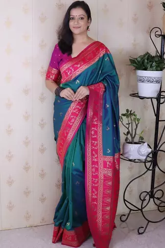 Teal woven design zari silk blend banarasi saree