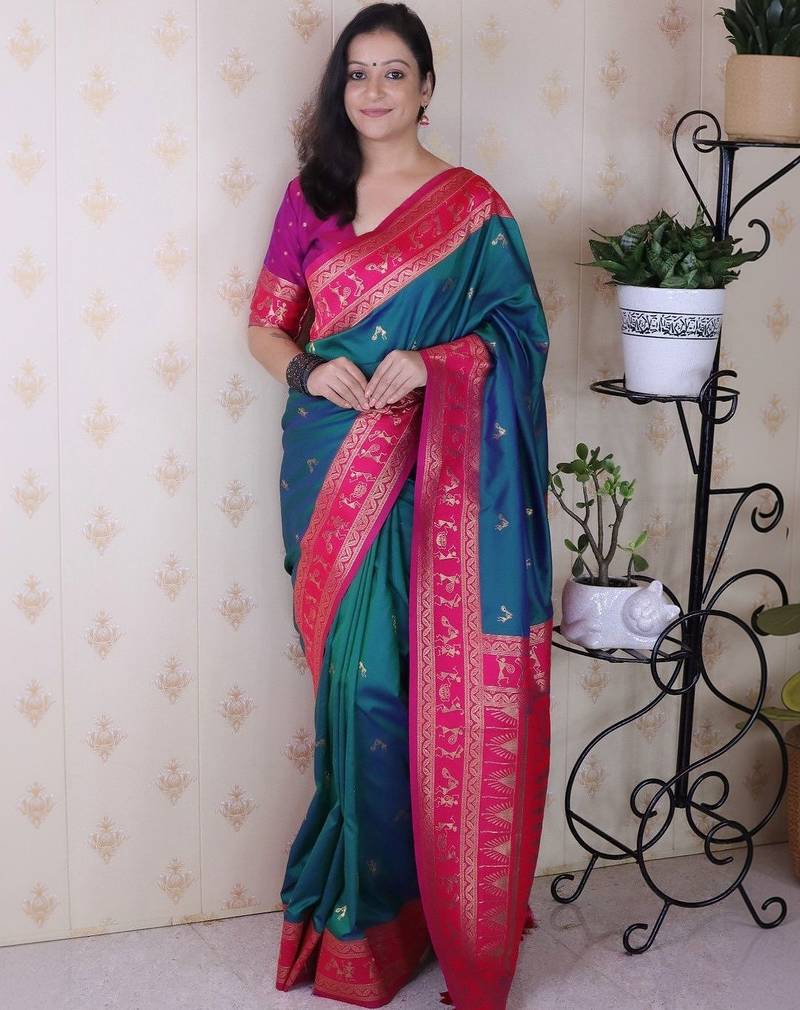 Teal woven design zari silk blend banarasi saree