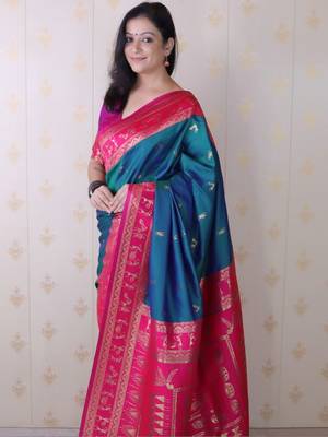 Teal woven design zari silk blend banarasi saree 2