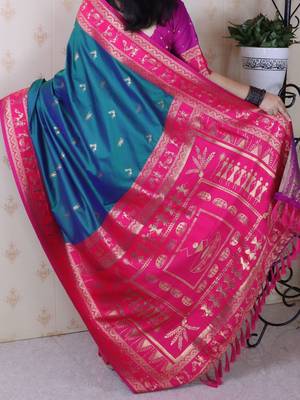Teal woven design zari silk blend banarasi saree 3