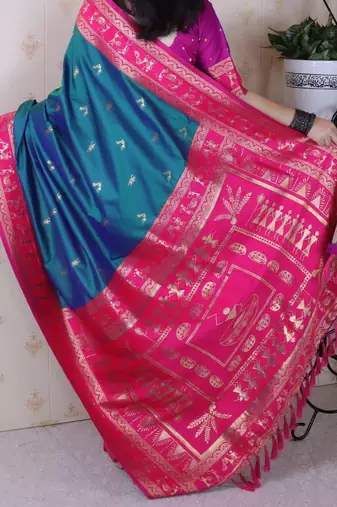 Teal woven design zari silk blend banarasi saree