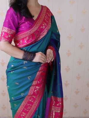 Teal woven design zari silk blend banarasi saree 4