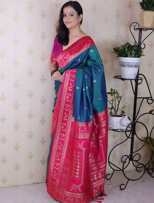 Teal woven design zari silk blend banarasi saree 5