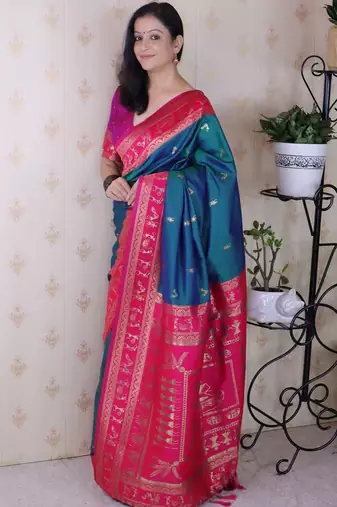 Teal woven design zari silk blend banarasi saree