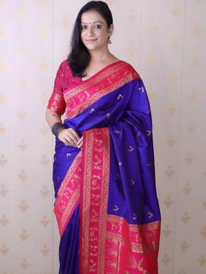 Blue ethnic motifs zari silk blend banarasi saree 1