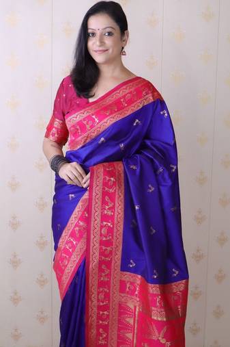 Blue ethnic motifs zari silk blend banarasi saree