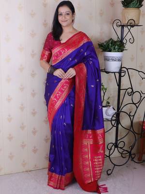 Blue ethnic motifs zari silk blend banarasi saree 2