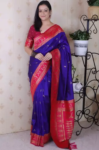 Blue ethnic motifs zari silk blend banarasi saree