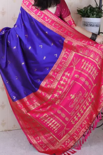 Blue ethnic motifs zari silk blend banarasi saree