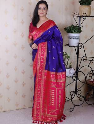 Blue ethnic motifs zari silk blend banarasi saree 4