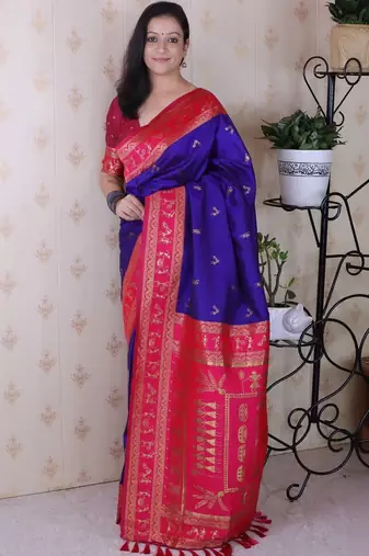 Blue ethnic motifs zari silk blend banarasi saree