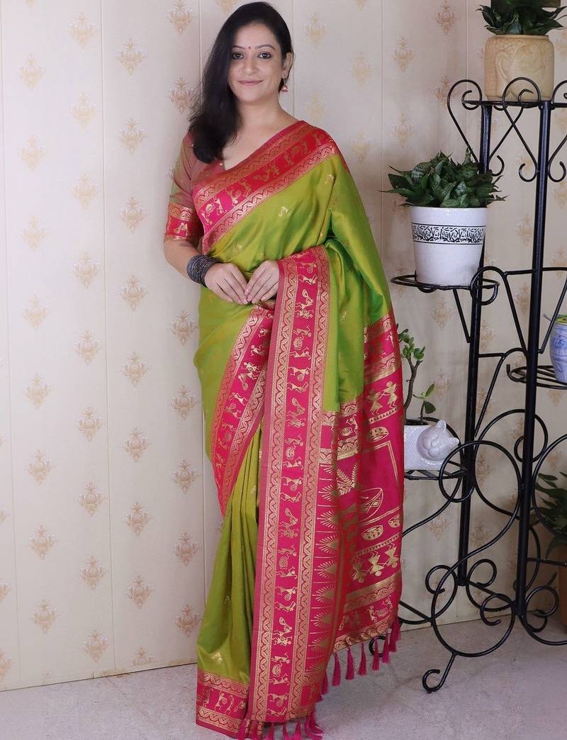Green ethnic motifs zari silk blend banarasi saree
