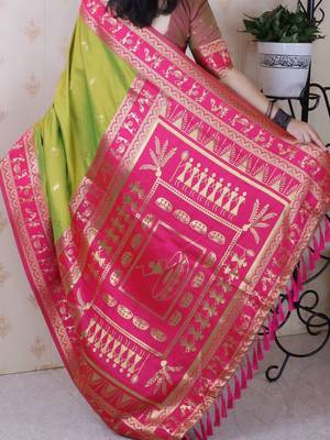 Green ethnic motifs zari silk blend banarasi saree 3