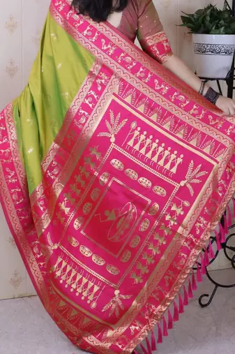 Green ethnic motifs zari silk blend banarasi saree