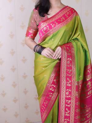 Green ethnic motifs zari silk blend banarasi saree 4