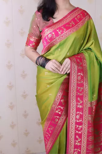 Green ethnic motifs zari silk blend banarasi saree