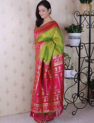 Green ethnic motifs zari silk blend banarasi saree 5