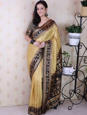 Gold ethnic motifs silk blend banarasi saree 1