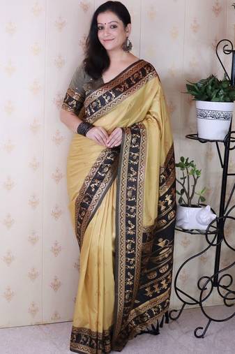 Gold ethnic motifs silk blend banarasi saree
