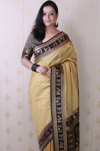 Gold ethnic motifs silk blend banarasi saree