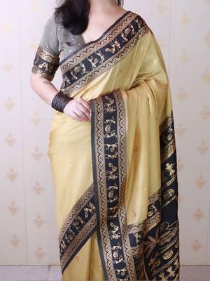 Gold ethnic motifs silk blend banarasi saree 4