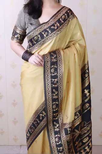 Gold ethnic motifs silk blend banarasi saree